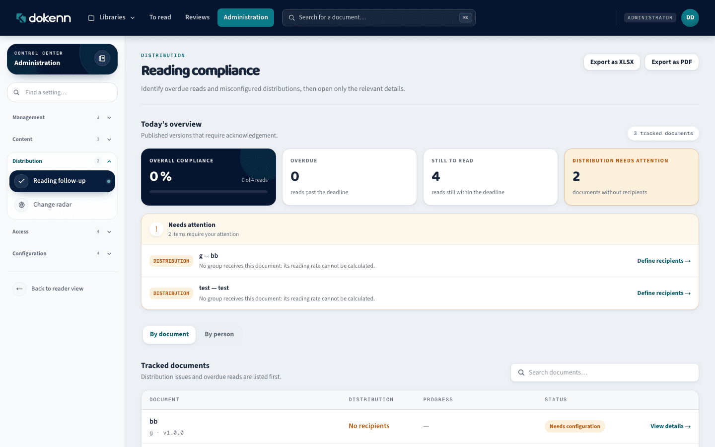 Dokenn reading compliance and controlled distribution dashboard