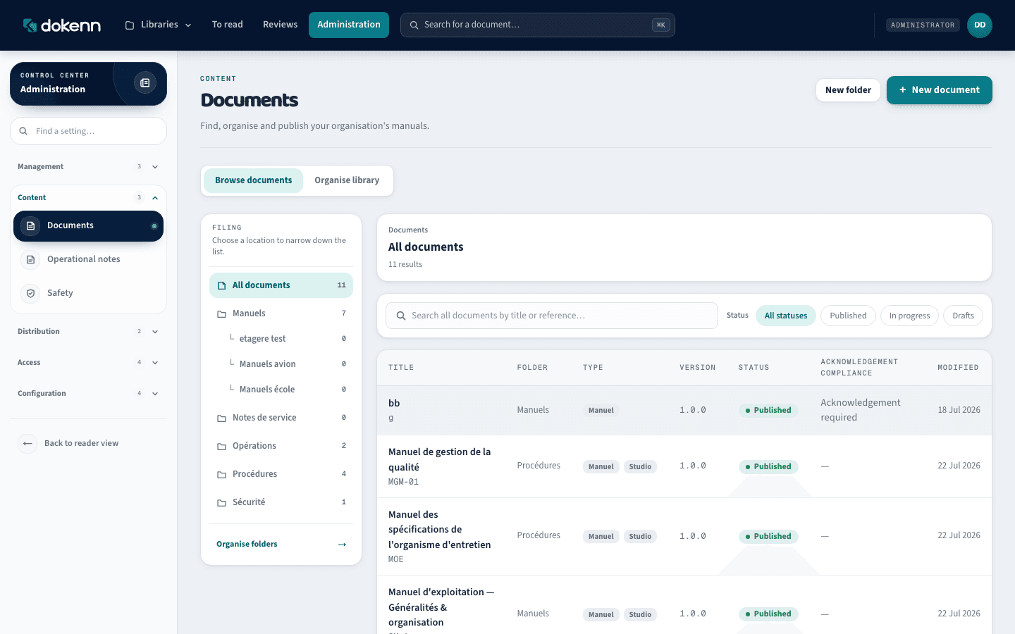 Dokenn controlled aviation document library and administration interface
